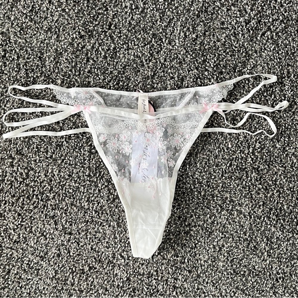For Love And Lemons Sheer White Lace Thong Panty with Pink Embroidery - Picture 4 of 8